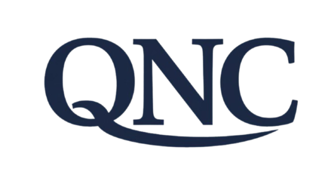 QNC brand logo featuring dark navy blue serif letters with a curved swoosh extending underneath from the letter Q.