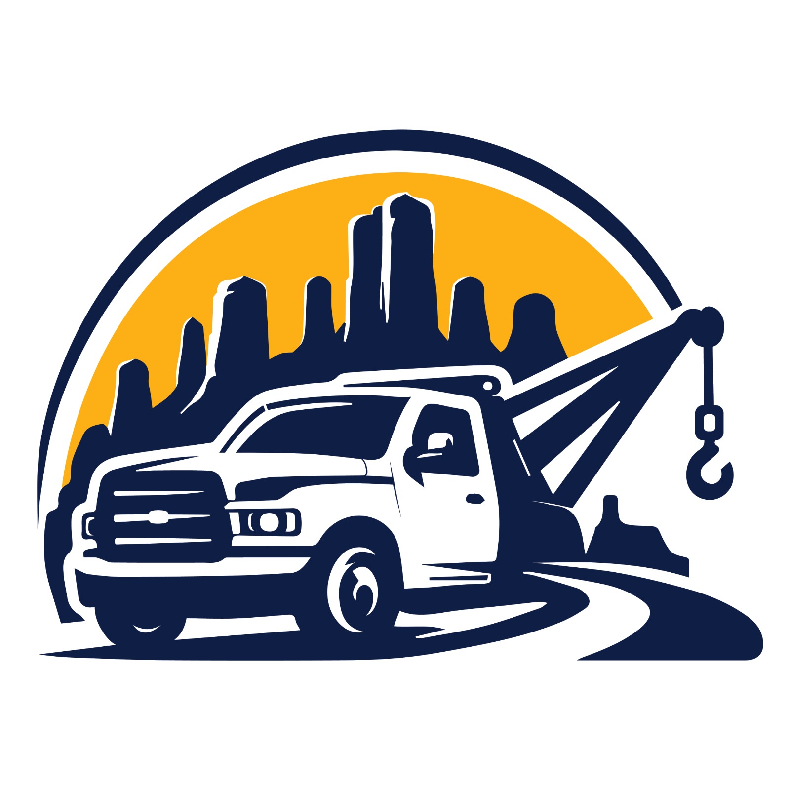 Circular emblem logo for Baby Rocks Towing featuring a tow truck on a road with desert rock silhouettes and a yellow sun.