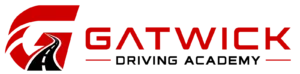 Gatwick Driving Academy logo featuring a stylized red letter G with a winding black road graphic through the center.