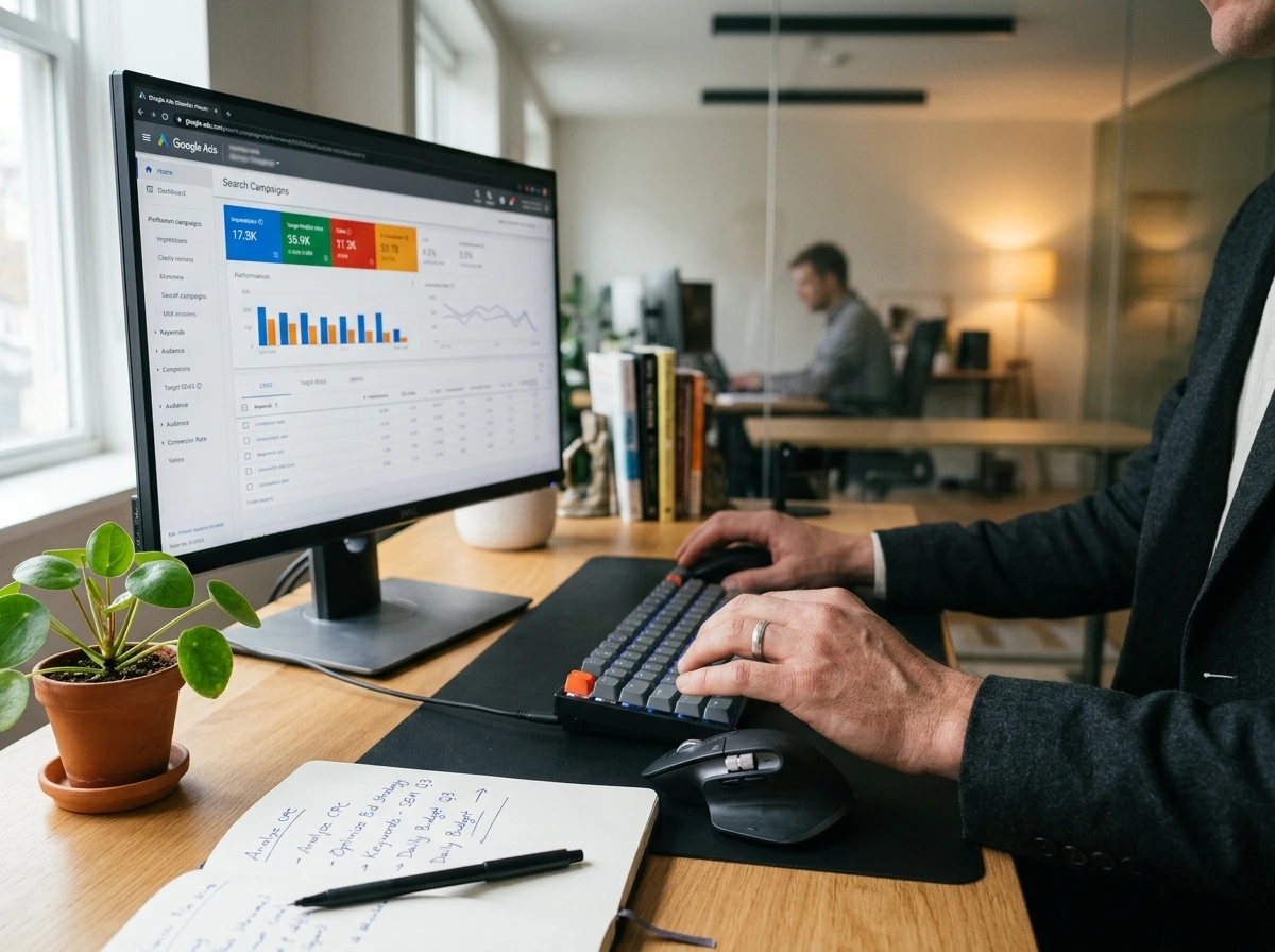 Promotional banner for Google Ads management services showing a person reviewing an analytics dashboard on a desktop monitor, with text outlining Search, Display, Performance Max campaigns, and budget optimization services.