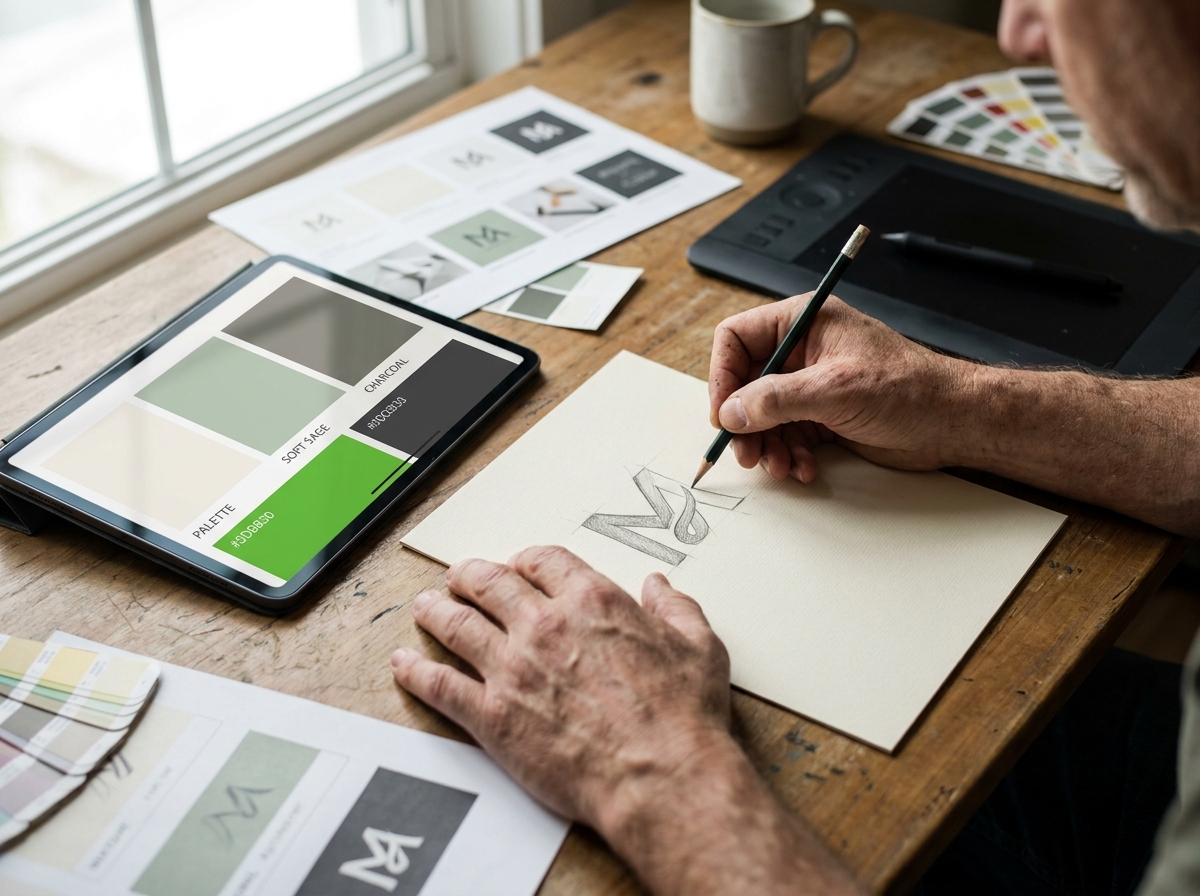 Graphic designer sketching a logo on paper surrounded by brand color swatches, mood board prints, and a tablet displaying color palettes.