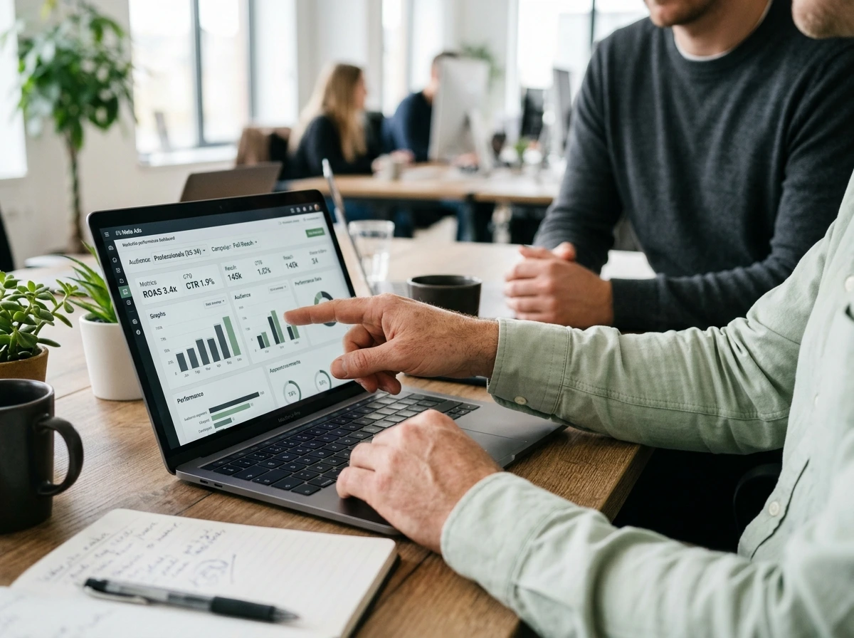Promotional banner for Meta ads management services showing two people analyzing ad performance metrics on a laptop, with text highlighting Facebook and Instagram campaigns, audience research, creative strategy, and ROAS reporting.