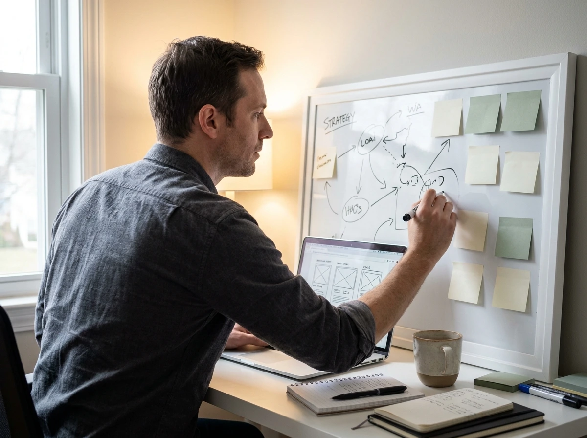 A professional sitting at a desk with an open laptop, drawing a strategy diagram on a whiteboard filled with sticky notes.