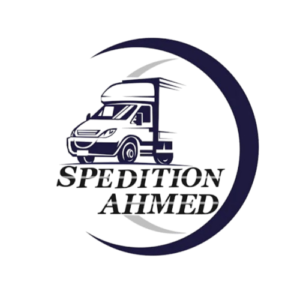 Spedition Ahmed logistics logo depicting a white delivery van with speed motion lines inside a dark circular frame.