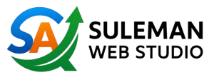 Official logo for Suleman Web Studio featuring a stylized SA monogram with a green upward growth arrow alongside the company name in bold black text.