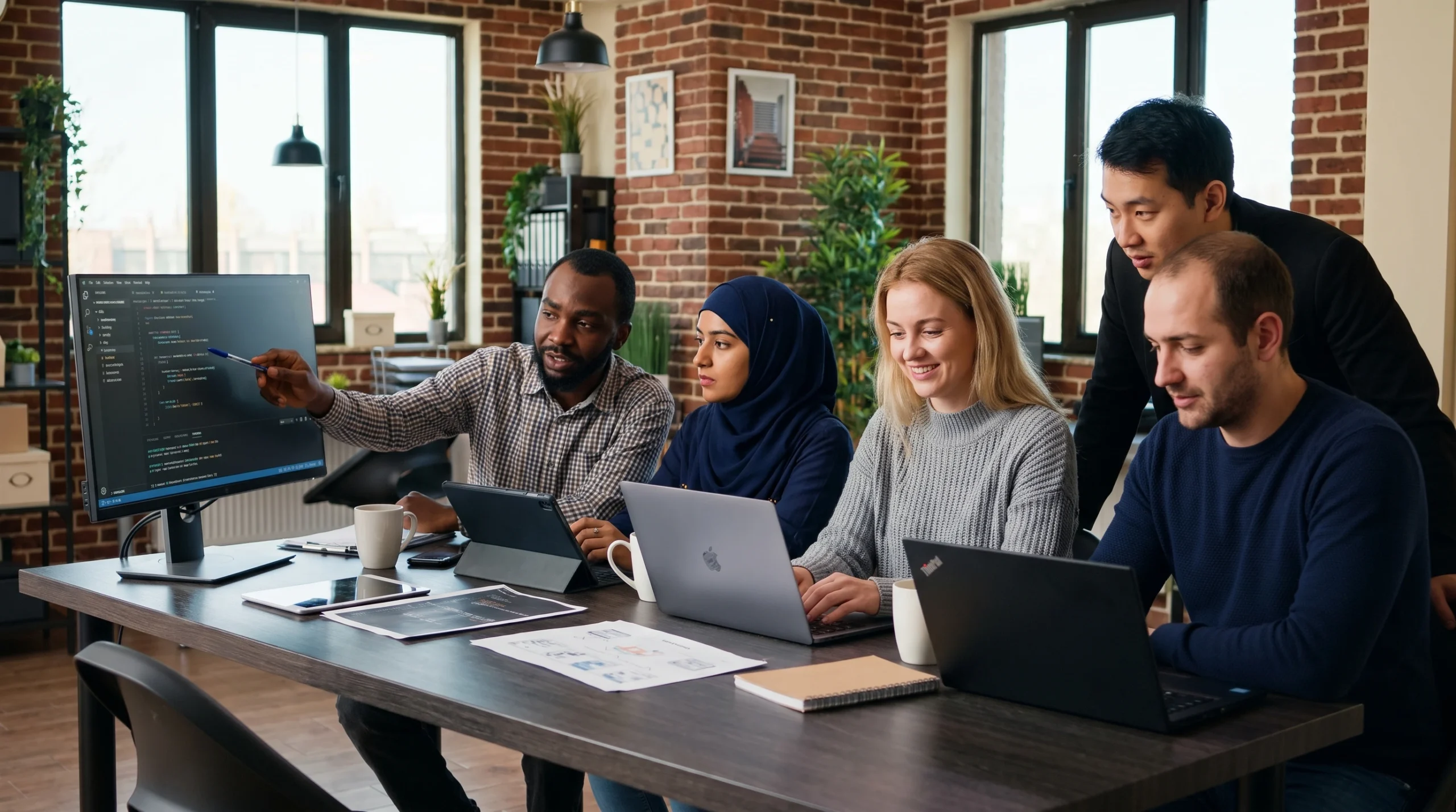 A diverse IT team of five people, including men and women of different ethnicities, collaborates around a large table with laptops and a monitor in a modern brick-walled office, focusing on code on a screen.